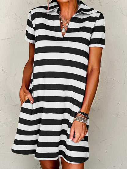 Stripes Color Matching Polo Collar Pocket Short-sleeved Midi Dress