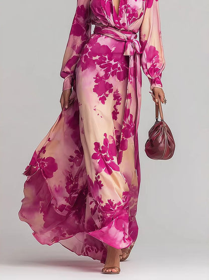 Floral Chiffon Long-sleeved V-neck Tie-waist Maxi Dress