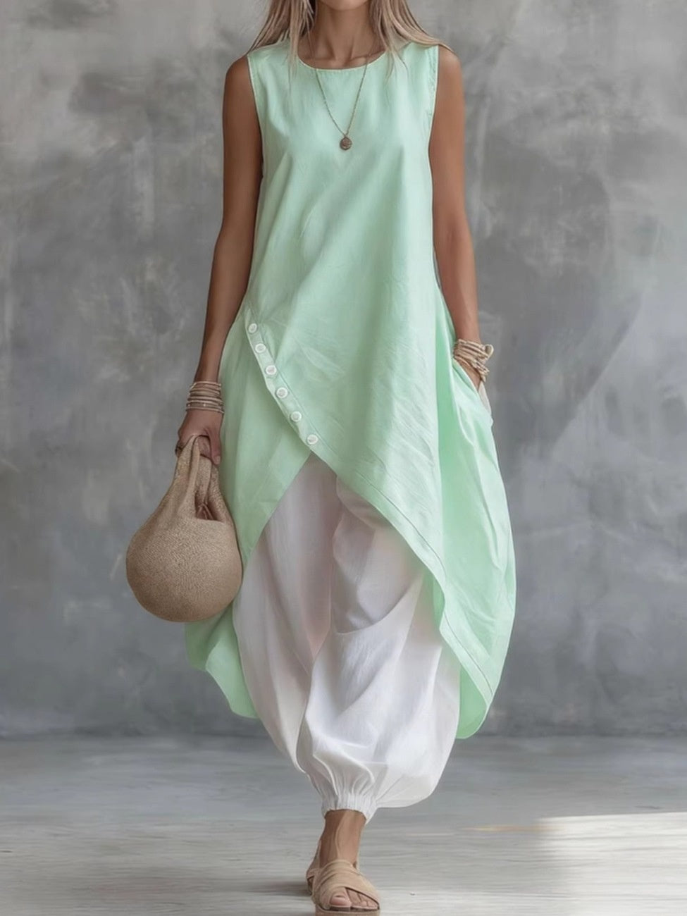 Sleeveless Loose-fitting 2-piece Set With Pockets