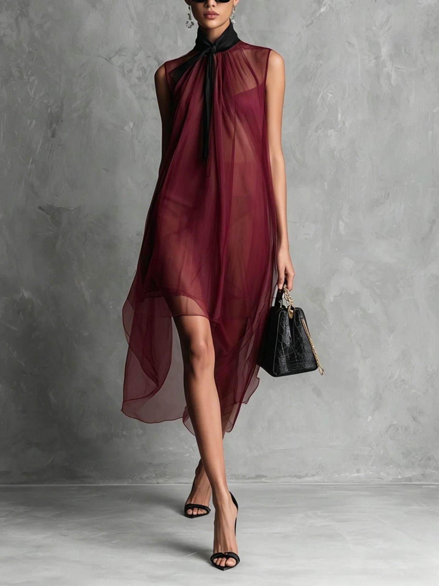 High-neck, Tie-up, Sleeveless Chiffon Dress With Bow Solid Color Irregular Midi Dress