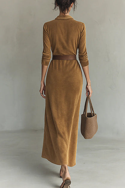Margovil Long Sleeves Button Up Faux Suede Belted Maxi Dress