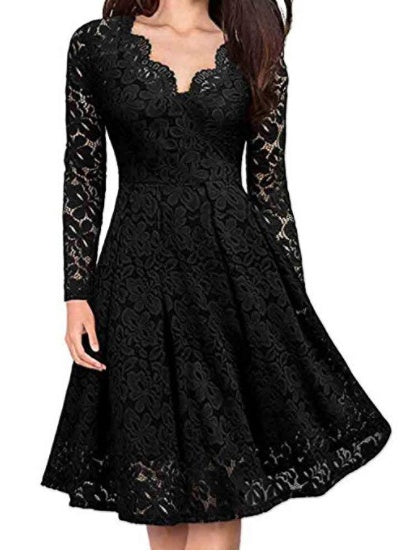 Long Sleeve Lace Solid Color Midi Dresses