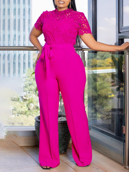 Lace Trim Hollow Short Sleeve Bandage High Waist Wide Leg Jumpsuits