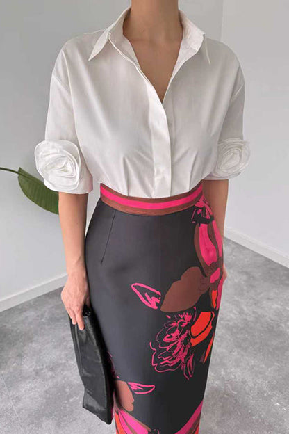 Lapel Short Sleeves Button Up Flower Detail Shirt