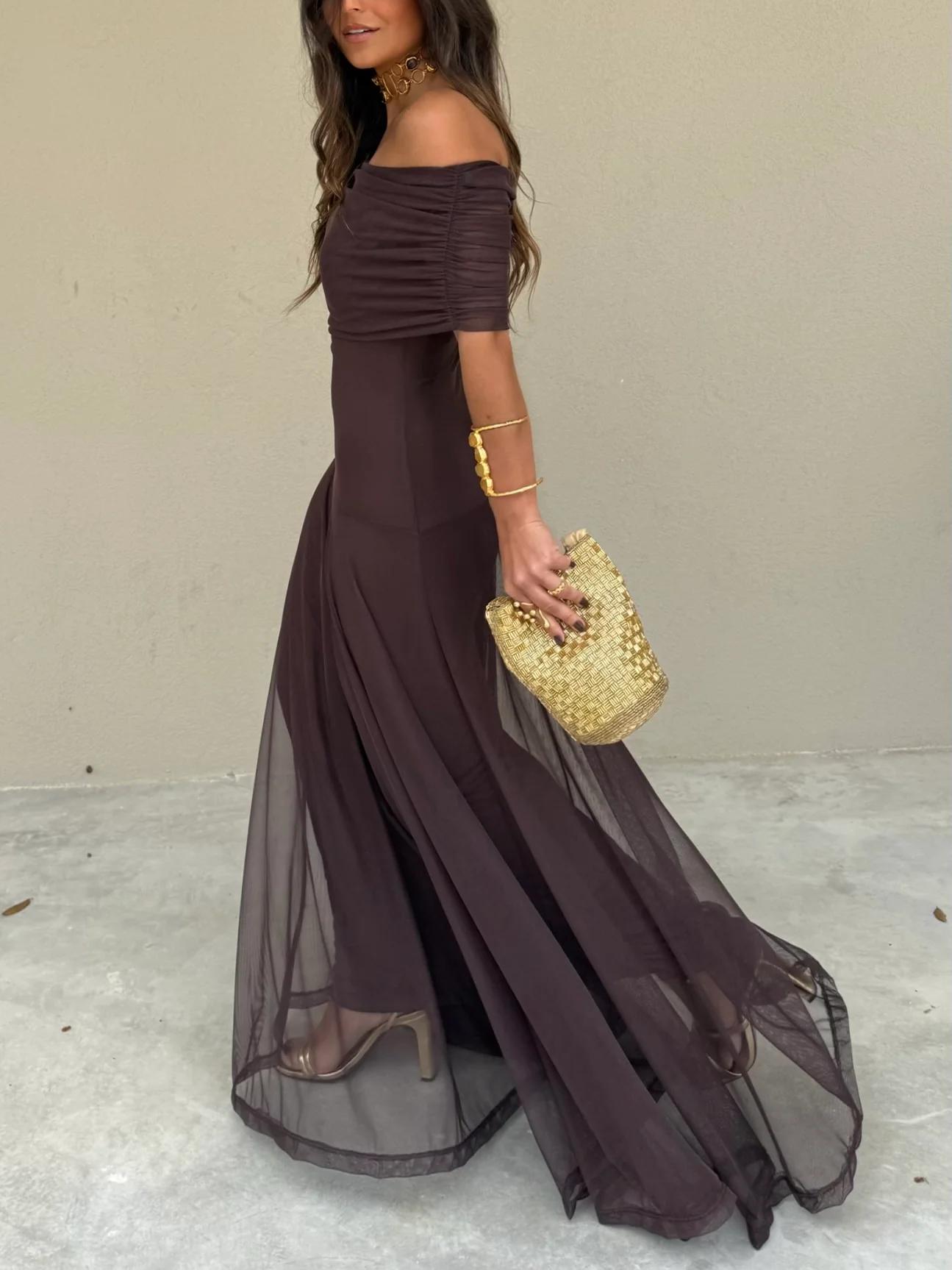 Off Shoulder Bardot Ruched Panel Sheer Overlay Column Maxi Gown