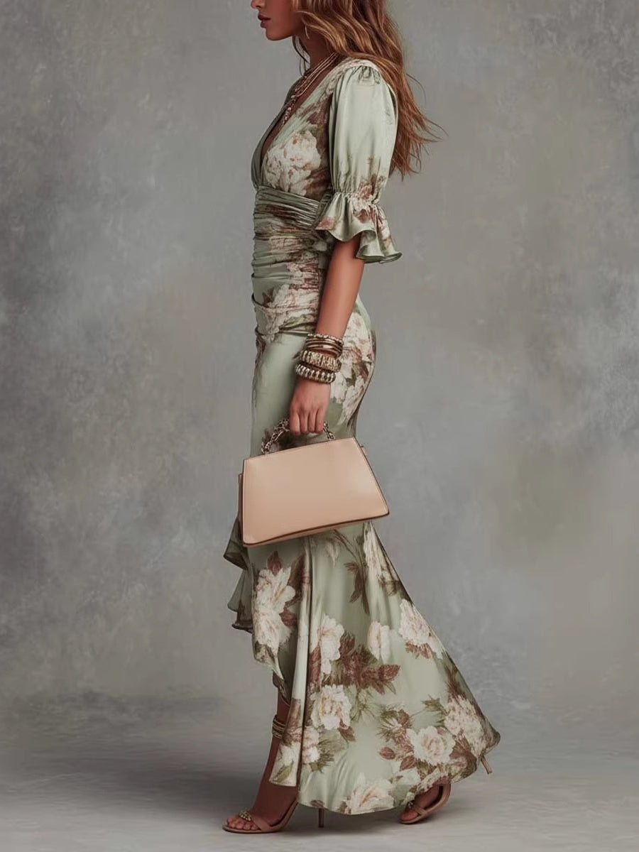 V-neck Slim-fit Printed Ruffle Long Dress