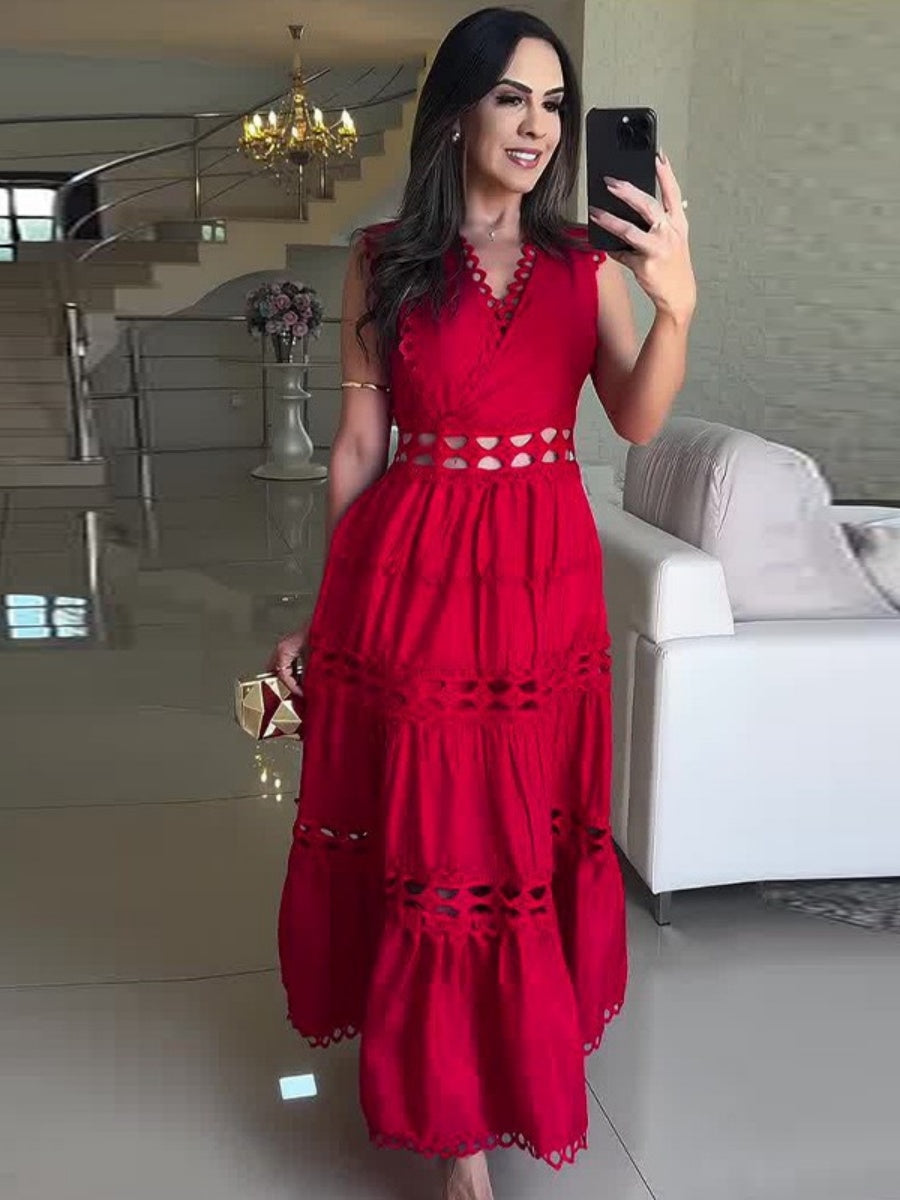 Openwork Embroidery V-neck Slimming Maxi Dresses