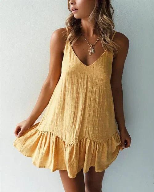 Spaghetti Strap V-Neck Ruffle Hem Linen-Look Mini Dress
