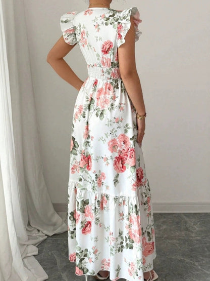 Ruffle Plants And Flowers Printed Long Dress