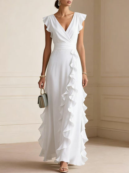 Solid Color Pleated Short Sleeve V-neck Chiffon Long Dress