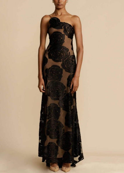 One Shoulder 3D Floral Applique Velvet Burnout Mesh Column Maxi Gown