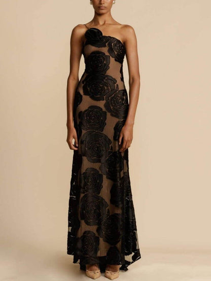 One Shoulder 3D Floral Appliqué Sheer Burnout Mesh Maxi Gown