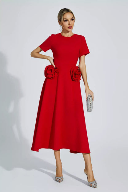 Short Sleeve High Neck A-Line Peplum Side Ruffle Midi Dress