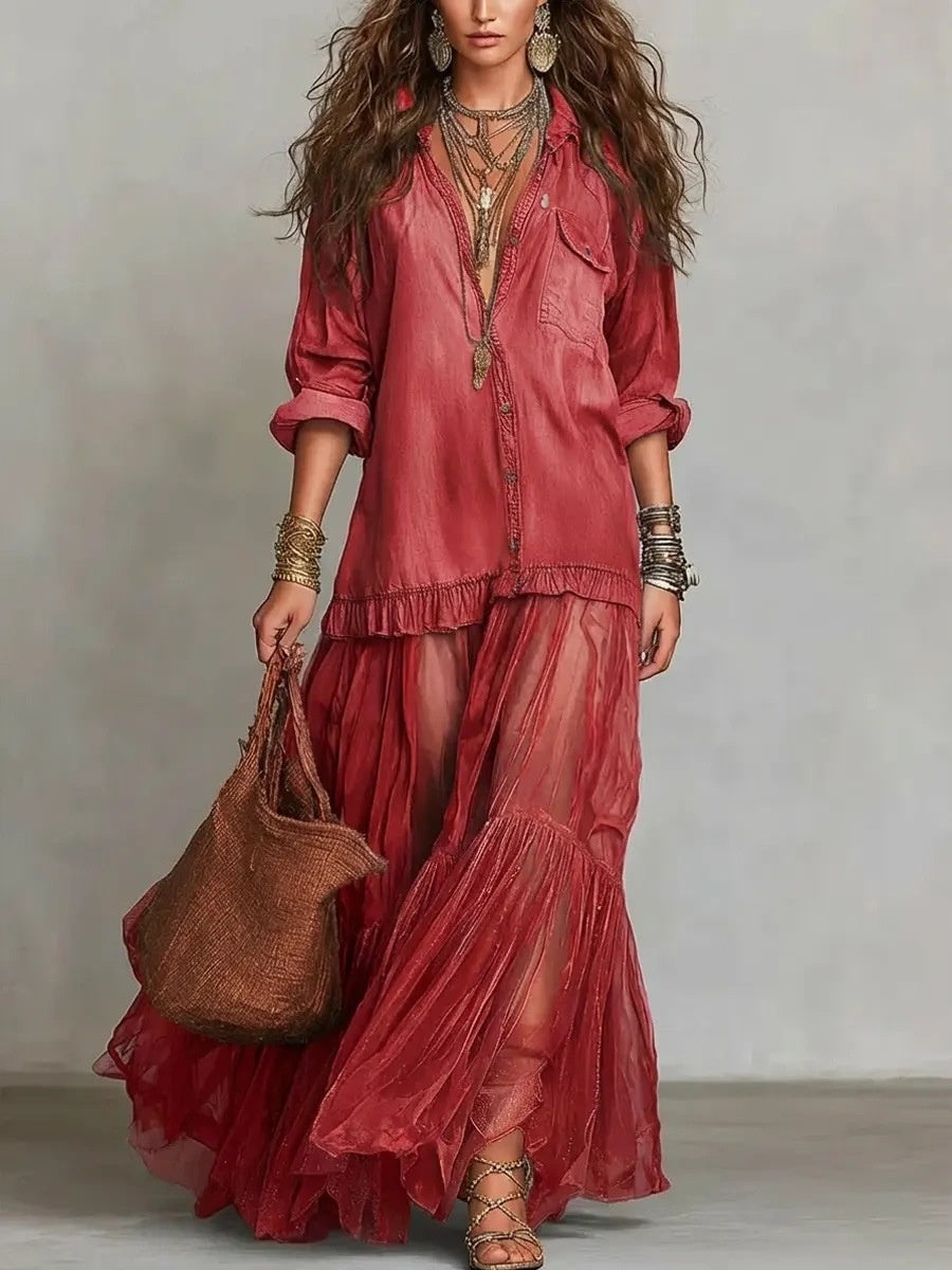 Retro-style Lapel Faux Denim Casual Long Dress With Pockets