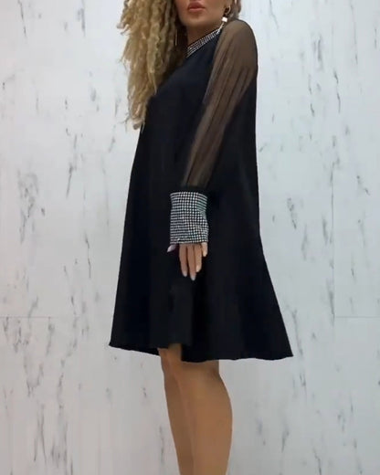 Sheer Puff Sleeve Rhinestone Grid Cuff A-Line Knee Length Dress