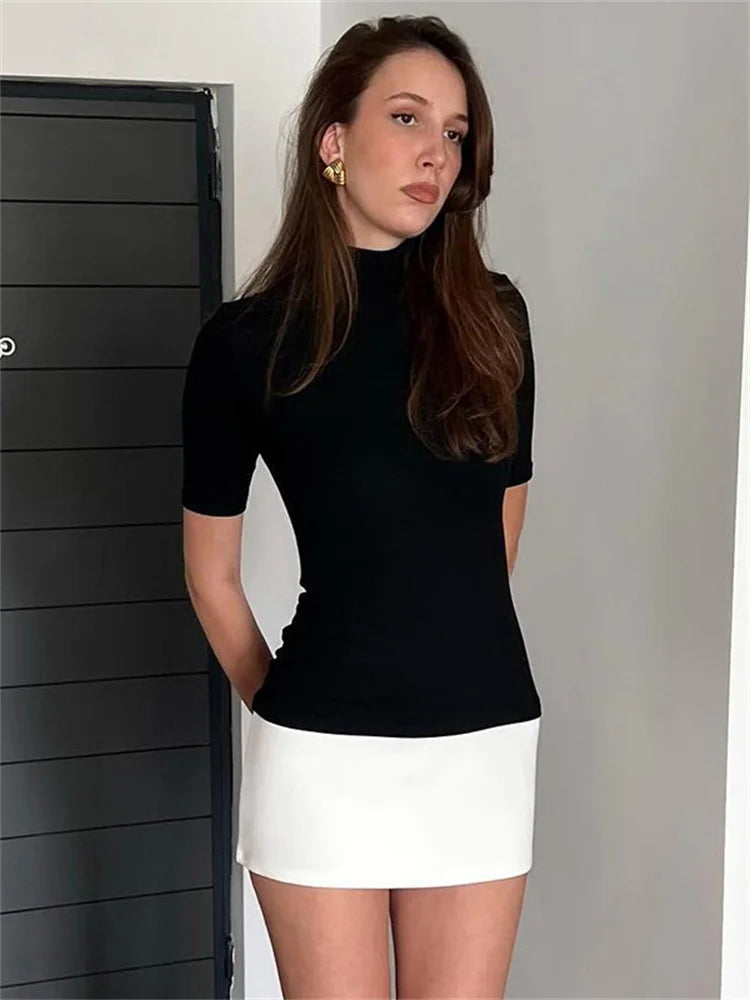 Women's Turtleneck Bodycon Mini Dress – Black And White Fitted Party Dress
