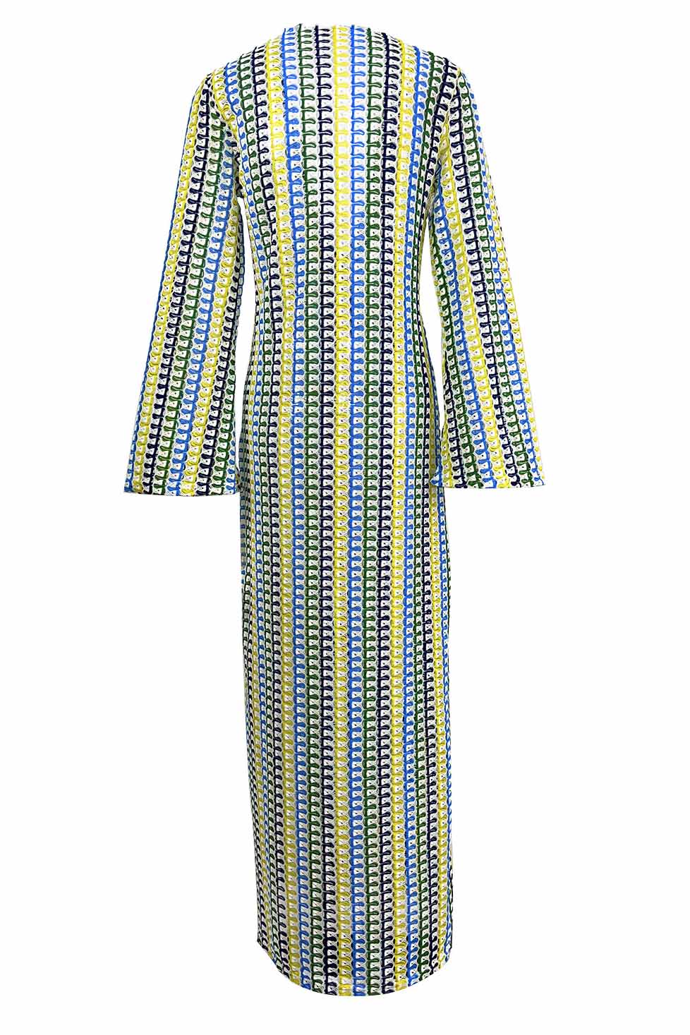 Scallop Circle Print Deep V-Neck Long Sleeve Front Slit Maxi Dress