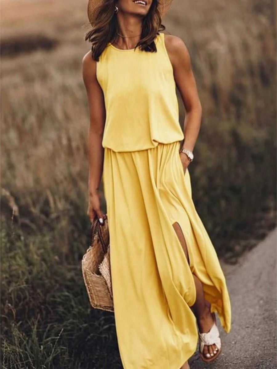 Round Neck Sleeveless Slit Long Dress