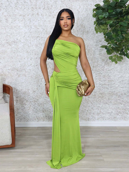 Ribbon Pleated One Shoulder Backless Maxi Dresses