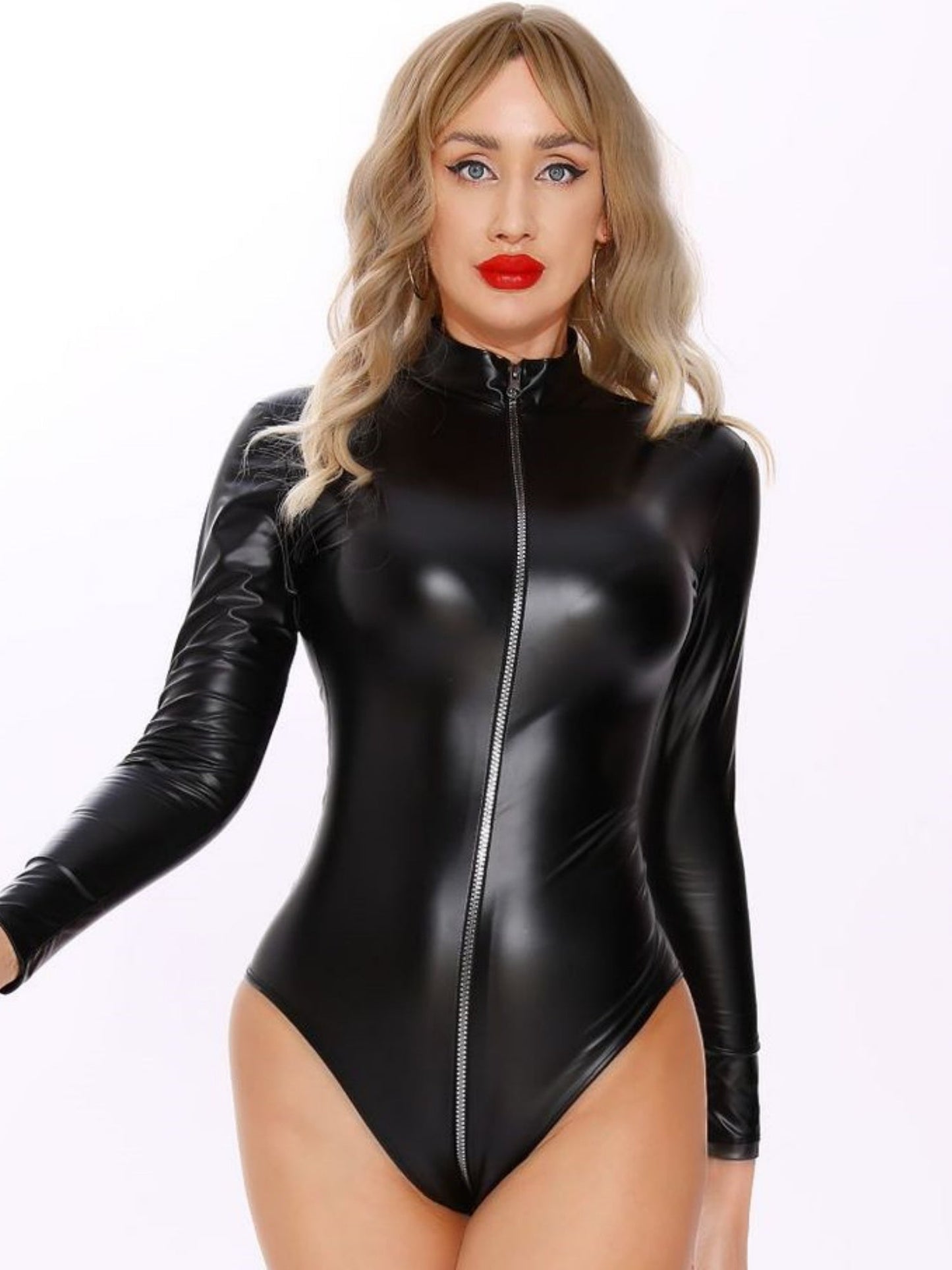 PU Leather Zipper Open Crotch Long Sleeves Bodysuits