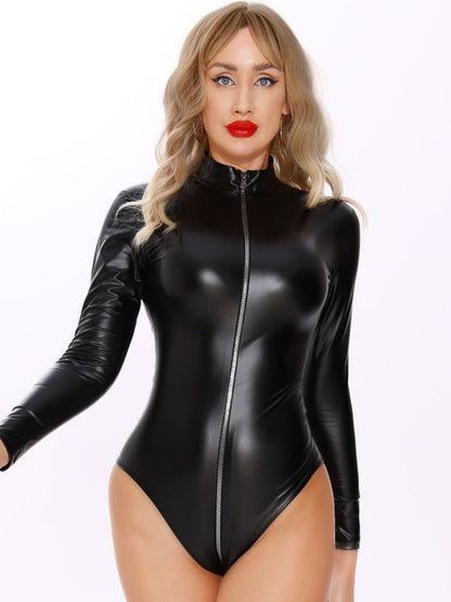 PU Leather Zipper Open Crotch Long Sleeves Bodysuits