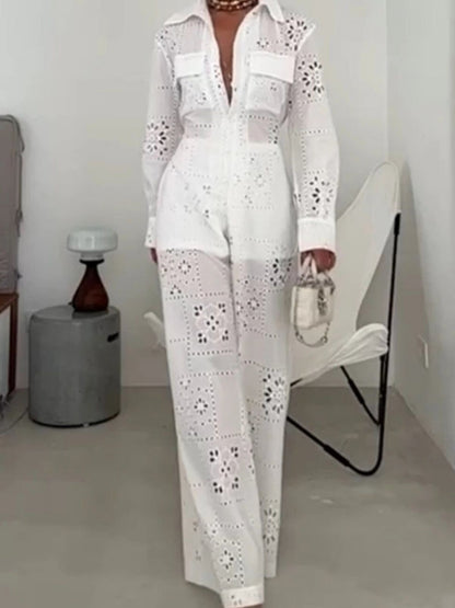 Hollow Applique Straight-leg Vacation Jumpsuit