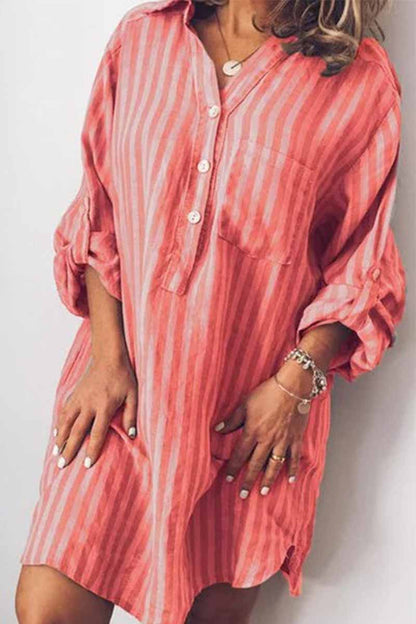 Vertical Stripe Collar Roll-Tab Sleeve Patch Pocket Shirt Mini Dress