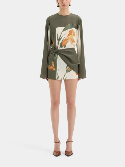 Crew Neck Long Sleeve Twist Front Lily Print Panel Mini Dress