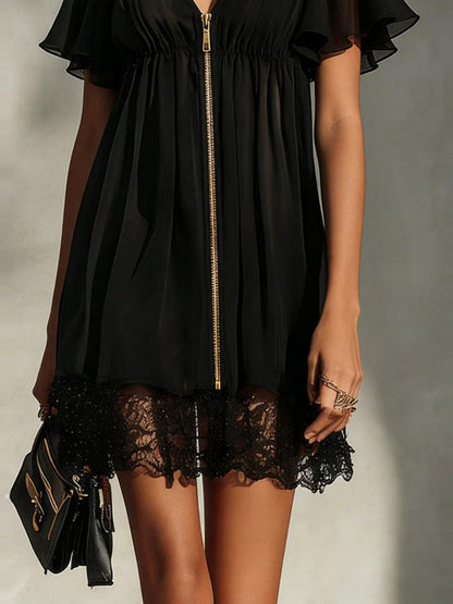 V-neck Zipper Cardigan Lace Splicing Mini&Short Dresses