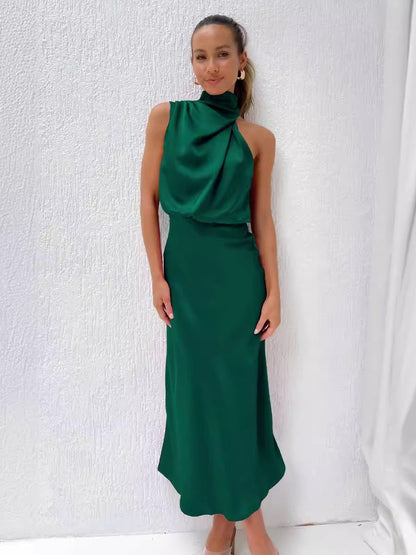 Satin Sleeveless Solid Color Halter Neck Long Dress
