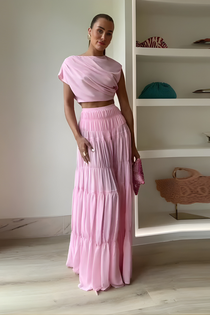Round Neck Pleated Pink Patchwork Maxi Two-Piece Set