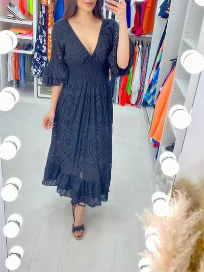 Broderie Anglaise Deep V-Neck Double Ruffle Sleeve Smocked Waist Tiered Midi Dress