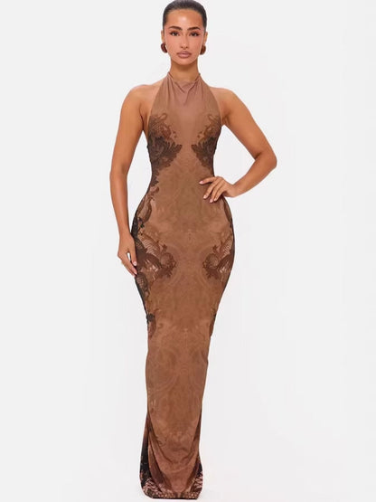 Halter French Backless Printed Formal Dress Maxi Dresses