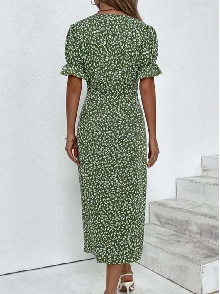 Deep V Neck Puff Sleeve Ditsy Floral Wrap Tulip Hem Midi Dress