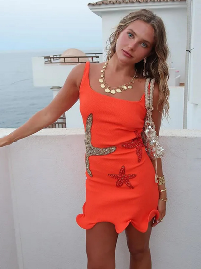Starfish-themed Knitted Sleeveless Sexy Ruffled Vest Short Dress