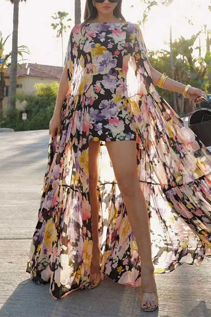 Boat Neck Floral Print High Low Hem Maxi Dress