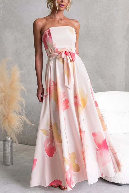 Strapless Tube Tie Waist Floral Print Maxi Dress
