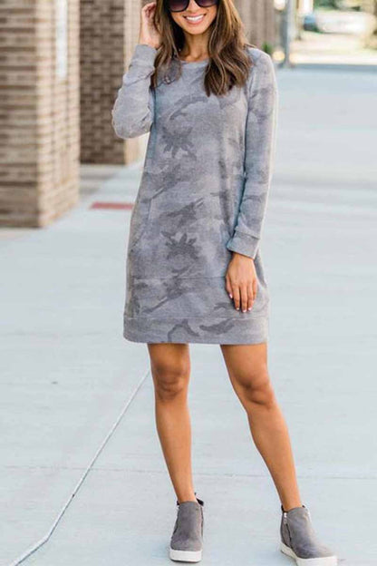 Camouflage Print Kangaroo Pocket Ribbed Cuff Sweatshirt Mini Dress