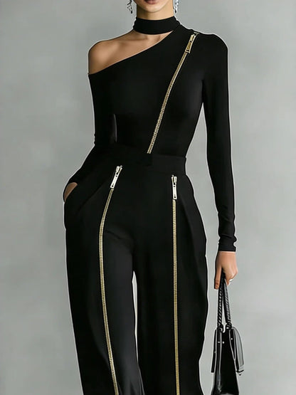 Black Double-zipper Trendy Off-shoulder Long-sleeved Top Two-piece Set