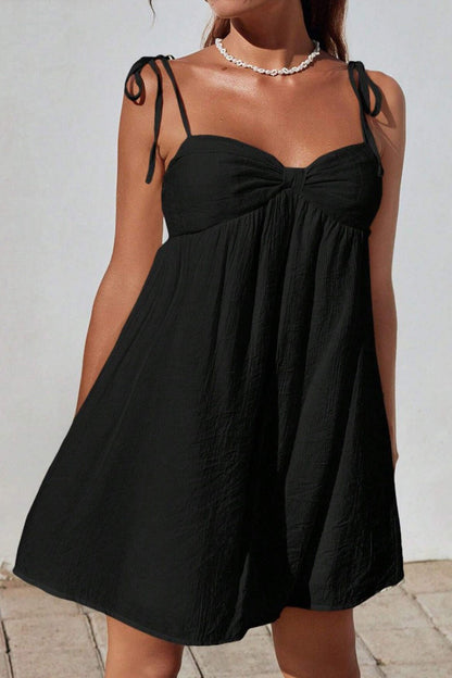 Tie Shoulder Sweetheart Crinkled Texture Babydoll Mini Dress