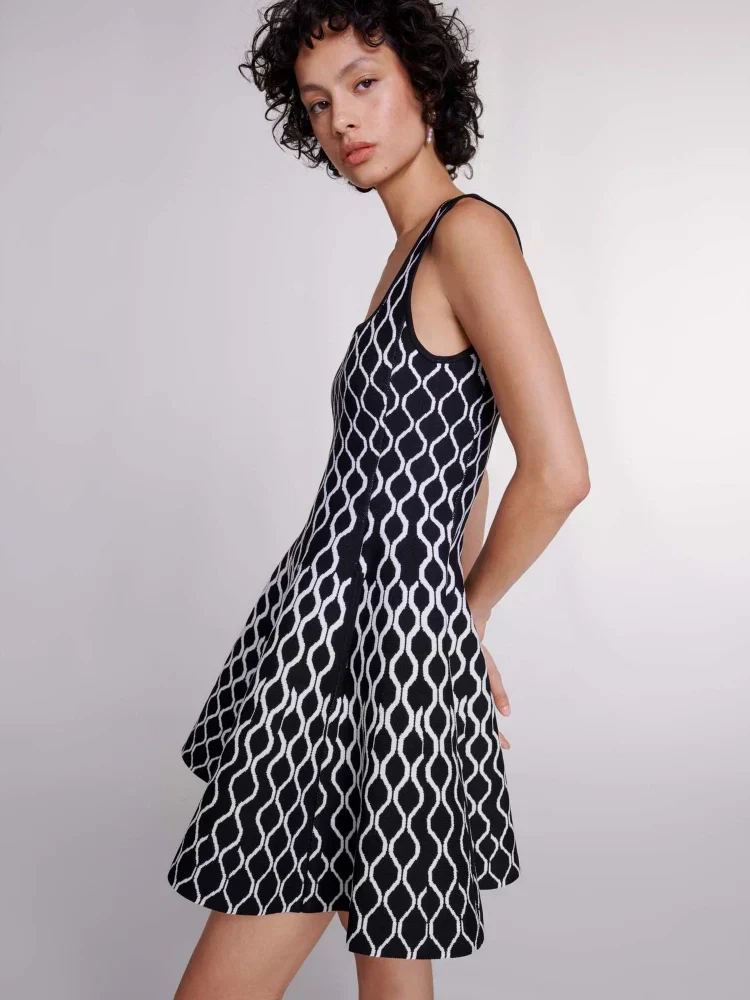Square Neck Sleeveless Abstract Wave Print Fit and Flare Knit Mini Dress