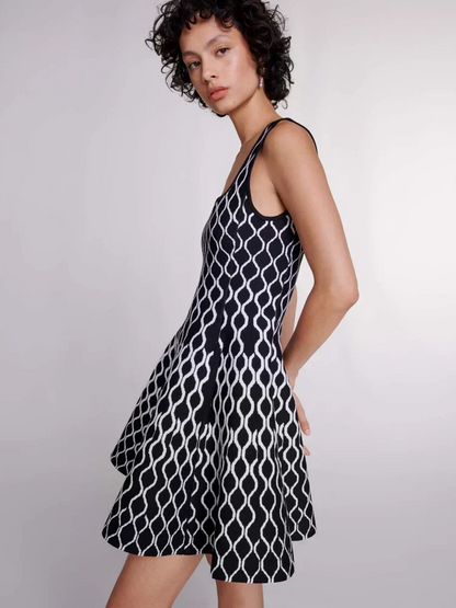 Square Neck Sleeveless Abstract Wave Print Fit and Flare Knit Mini Dress
