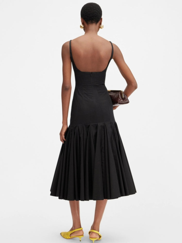 Square Neck Panel Seamed Corset Bodice Pleated Flare Midi Dress