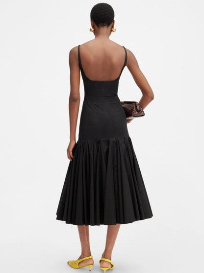 Square Neck Panel Seamed Corset Bodice Pleated Flare Midi Dress