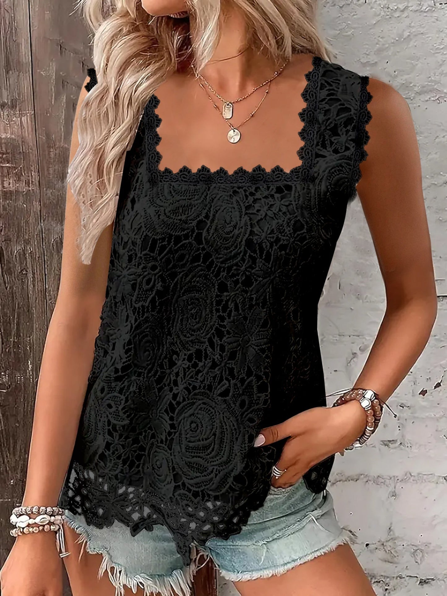 Lace Trim Square Collar Tank Tops&Camis