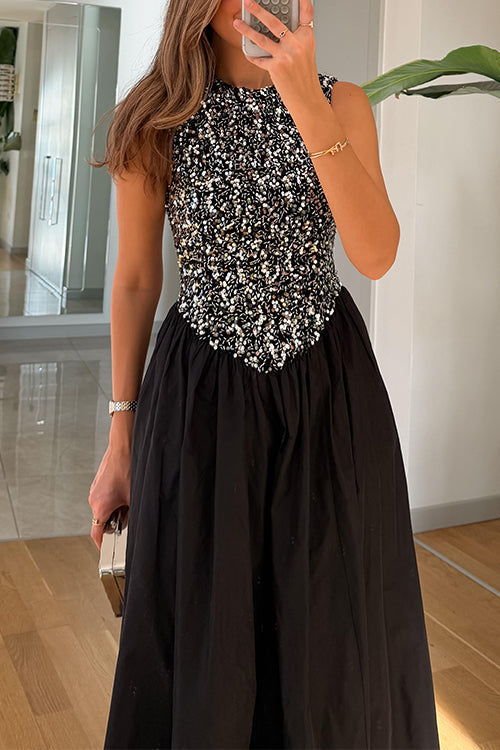 Margovil Crewneck Sleeveless Glitter Sequin Splice Maxi Dress