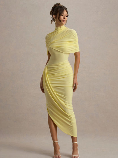 Pleated Mock Neck Shawl Exposed Backpack Buttocks Maxi Dresses