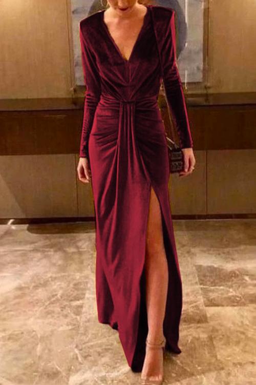 Margovil Deep V Neck Ruched Split Velvet Maxi Dress(5 Colors Available)
