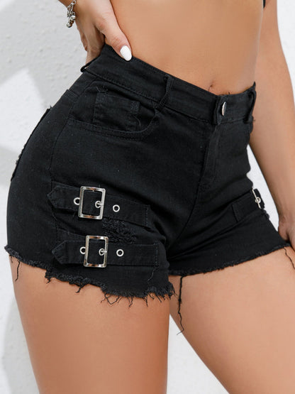 Hole Rough Edges Adjustable Buckle High-waisted And Sexy Denim Shorts