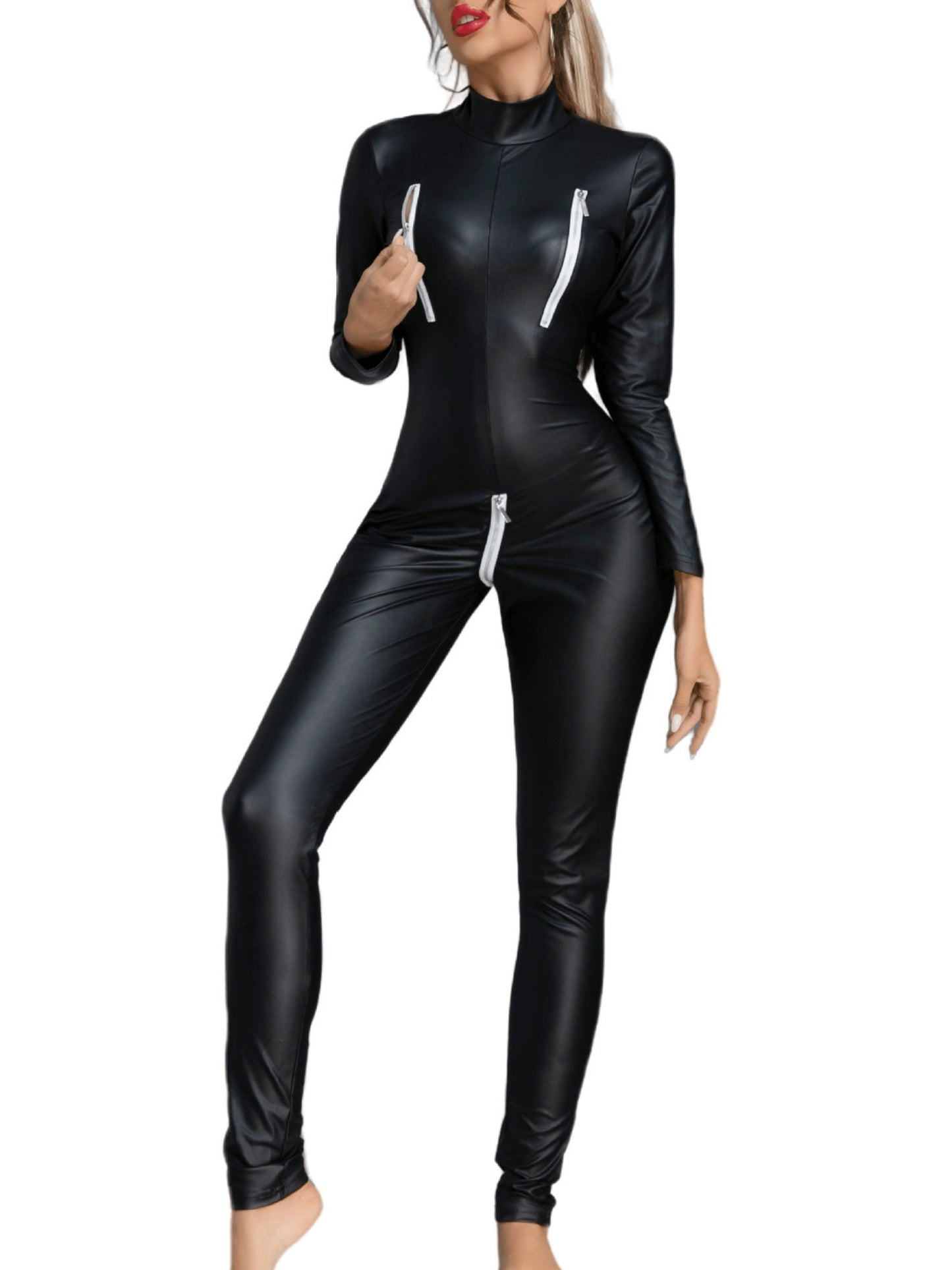 PU Leather Zipper Open Crotch Long Sleeves Jumpsuits